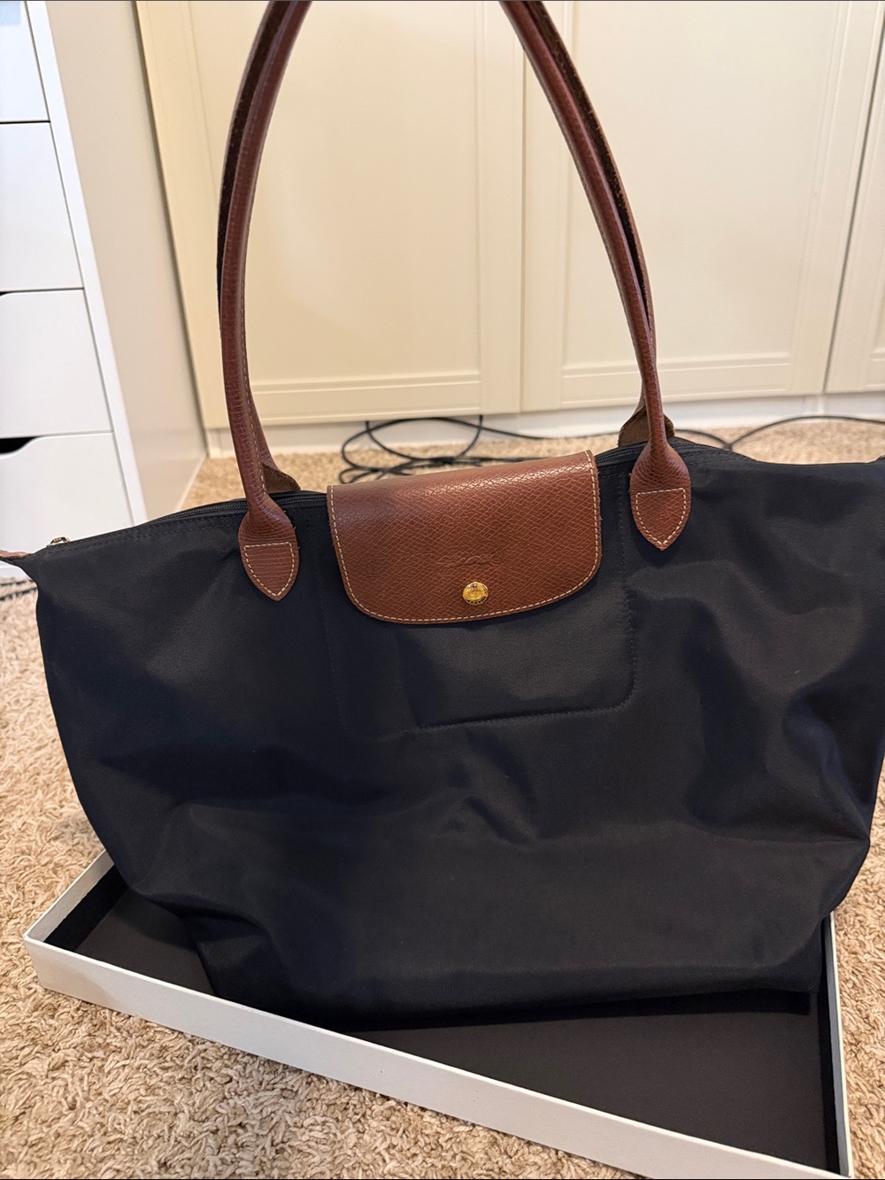 Longchamp Black Nylon Tote with Brown Leather Trim